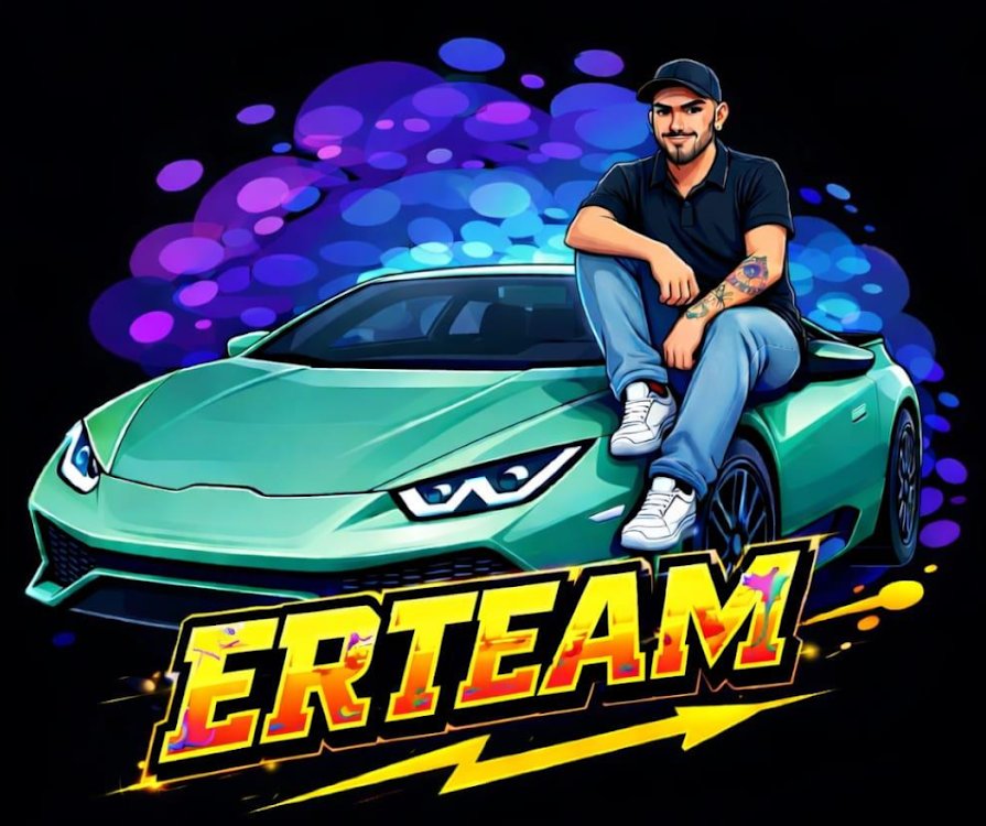 Logo di E.R.TEAM: Enrico disegnato seduto su una supercar verde, sopra la scritta ERTEAM gialla con un fulmine